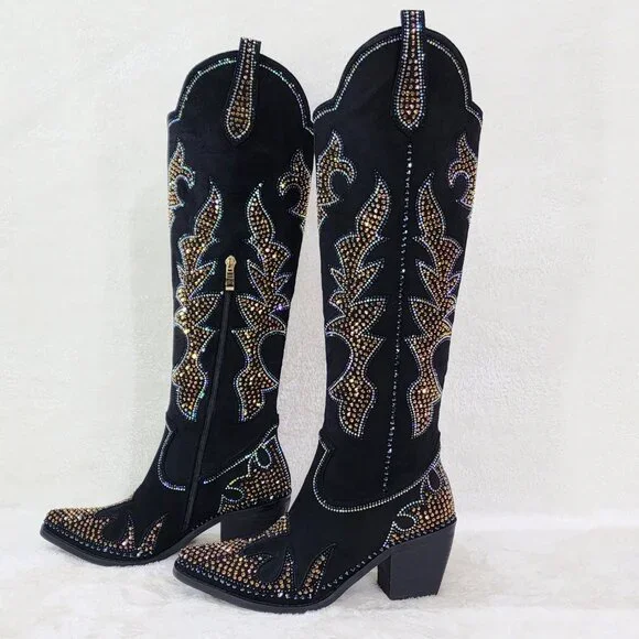 Sparks Country Western Cowgirl Knee Boots Dazzleing Iridescent Rhinestones Black